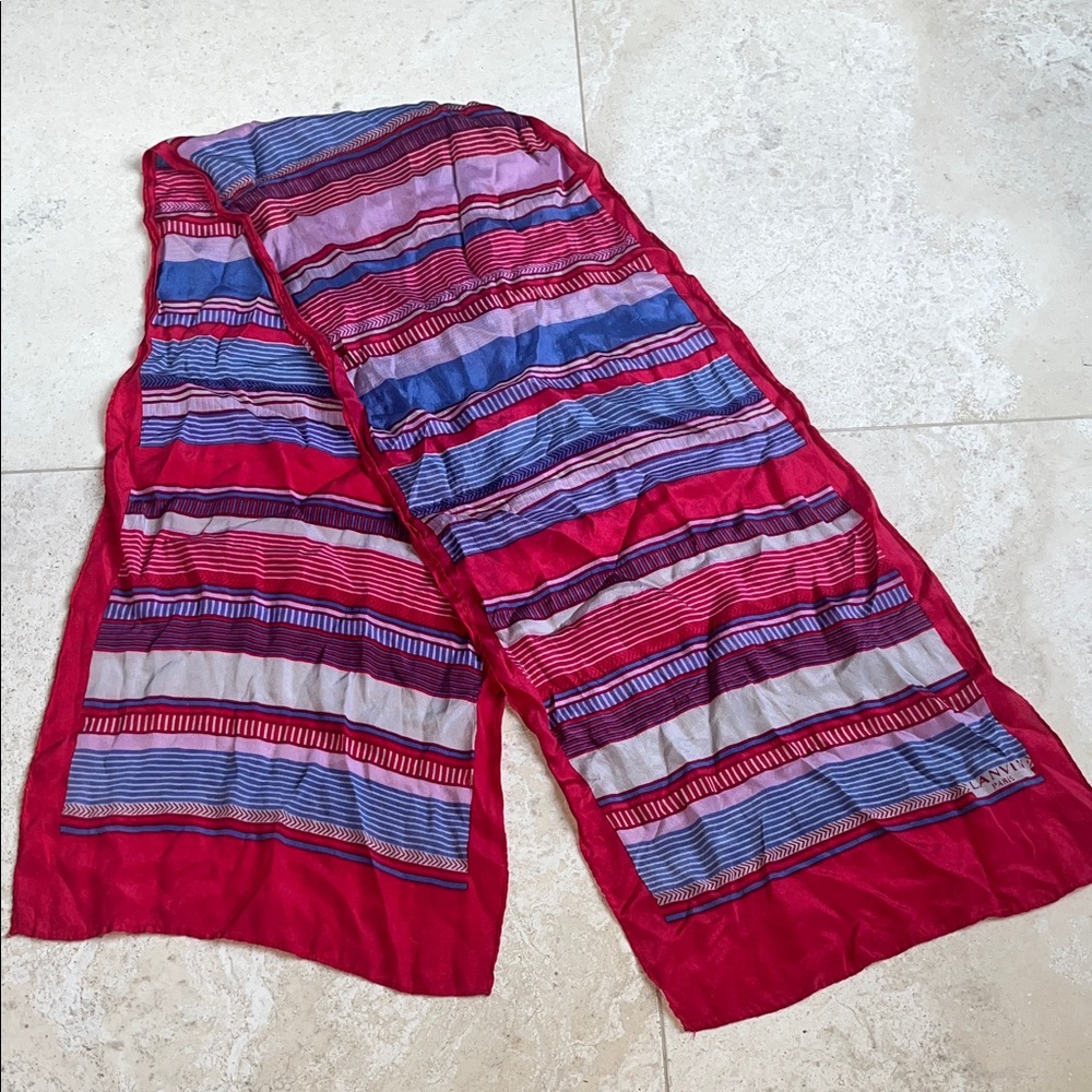 Vintage Lanvin Red, Blue, Grey and Purple Striped silk scarf